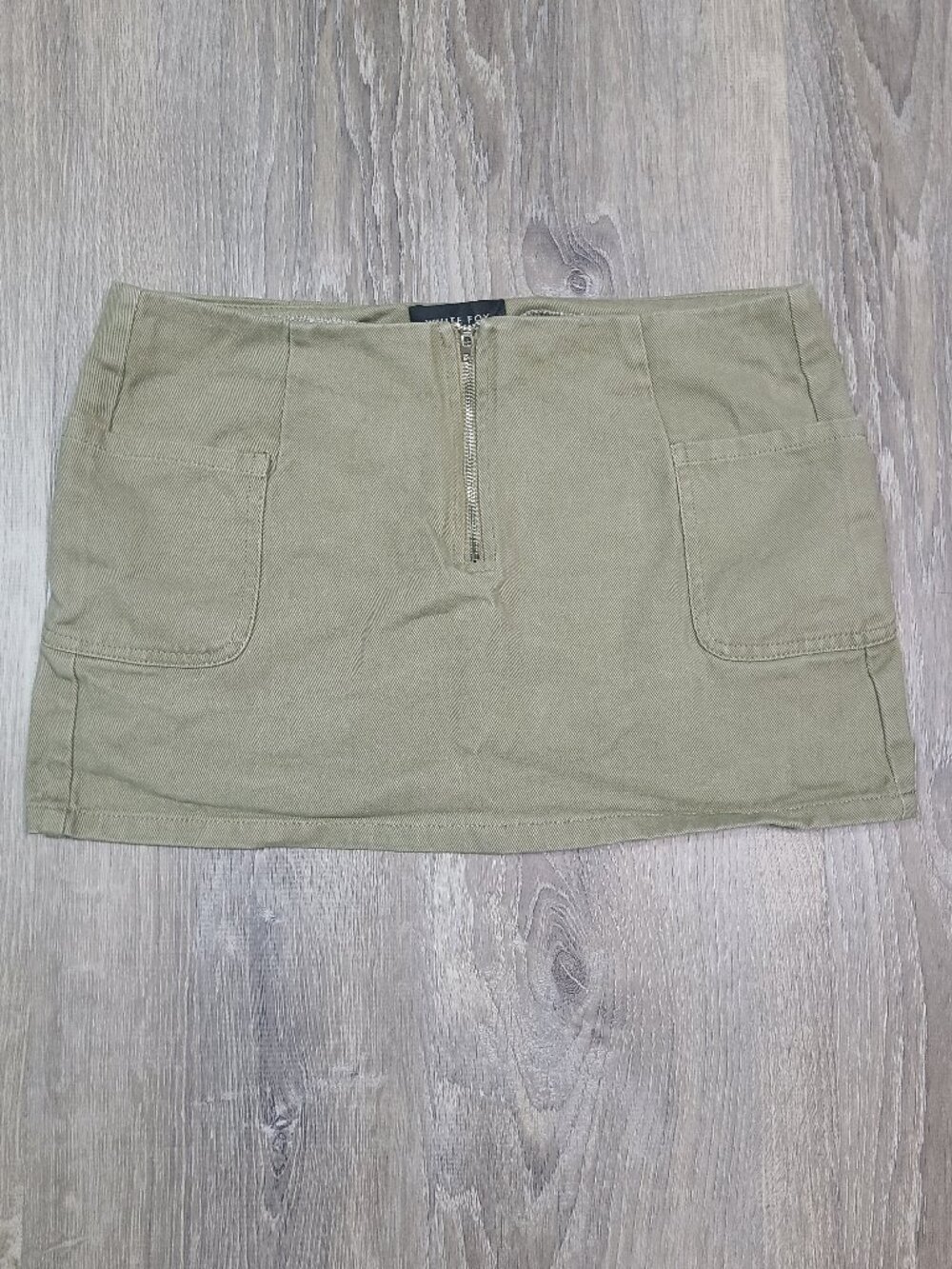 White Fox Moss Green Give It To Me Zip Front Utility Denim Mini Skirt Size M